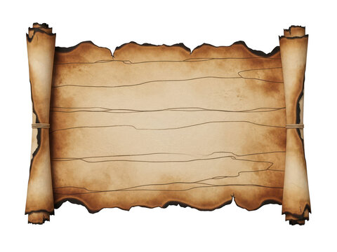 Vintage burnt parchment scroll tied with string isolated on transparent background for documents