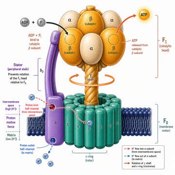 Diagram illustrates biochemistry pathway showcasing ATP synthesis through complex mechanism. It highlights interaction of ADP and ATP with various