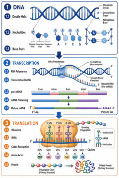 Biochemistry pathway diagram illustrates processes of DNA transcription and translation, showcasing intricate steps involved in gene expression