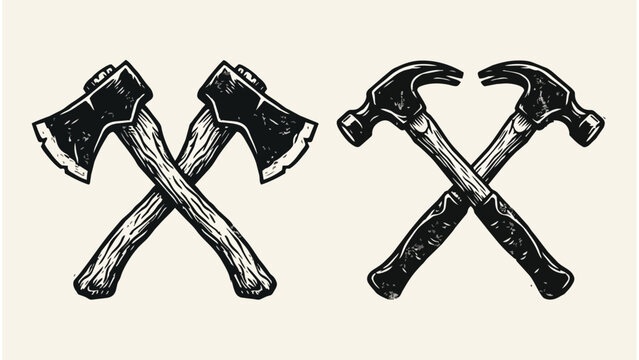 Vintage crossed axes and hammers illustration hand drawn tools set for carpentry, construction, or woodworking logo design
