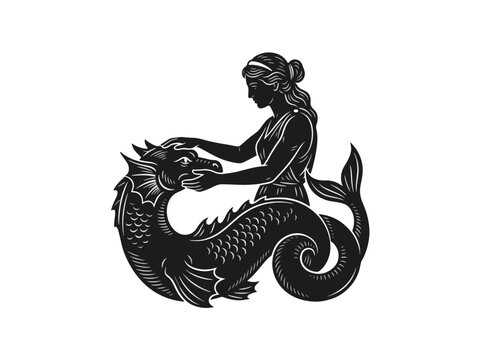 A mystical mermaid tenderly pets a dragonfish in a striking black silhouette against a white background.