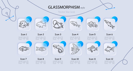 Sea fish set icon. Line icons display puffer fish, shark, angler , salmon, clownfish, mackerel, striped , carp, shrimp, angelfish, freshwater fish, ornamental species collection © Anastasia