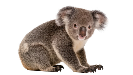Fototapeta premium Fluffy grey koala sitting on white surface