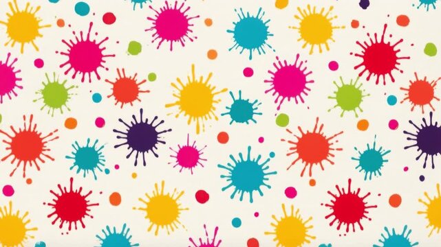 Colorful paint splatter pattern with multiple bright ink drops in various sizes on a neutral background for creative and artistic design concept