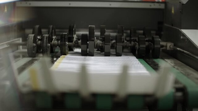 Automated conveyor belt moving stack of envelopes through industrial machinery for processing.