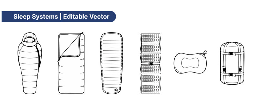 Camping sleep system vector set featuring sleeping bag, inflatable sleeping pad, foam mat, pillow, and compression sack outline icons for outdoor hiking and backpacking travel gear infographics tools.