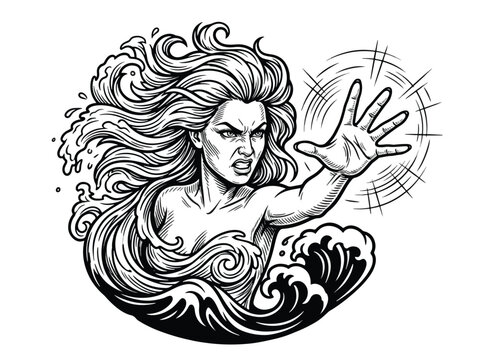 A powerful merman emerges from ocean waves with a dynamic hand gesture in a black and white illustration.
