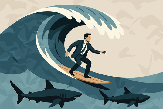 Bold businessman in a suit surfing on a massive ocean wave while being chased by dangerous sharks in the water.