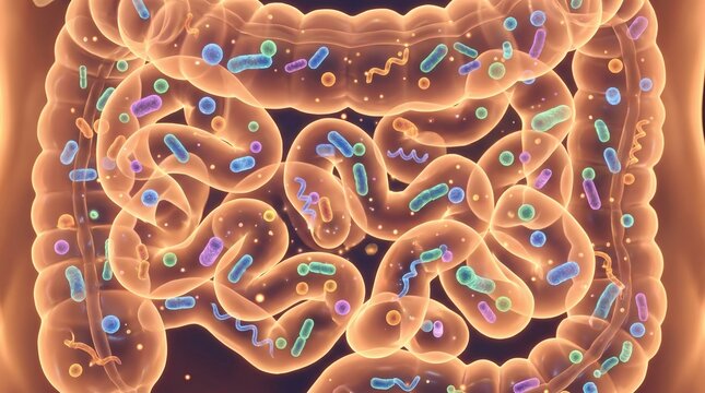 Scientific 3D medical illustration depicting the human intestinal tract populated by beneficial and harmful microorganisms