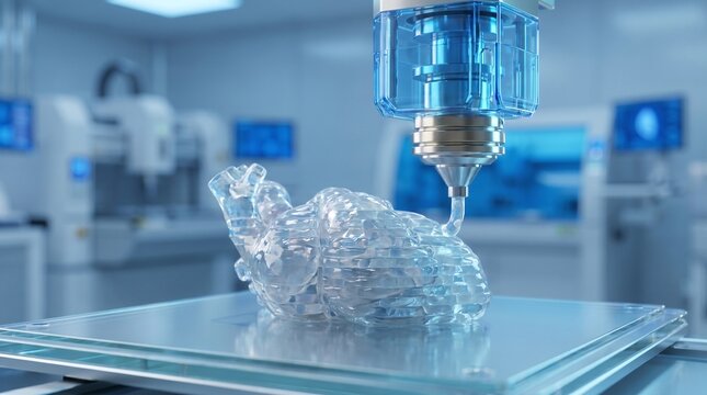 Futuristic medical illustration showing 3D bioprinting technology used for tissue engineering, regenerative medicine, biomedical innovation, and healthcare research