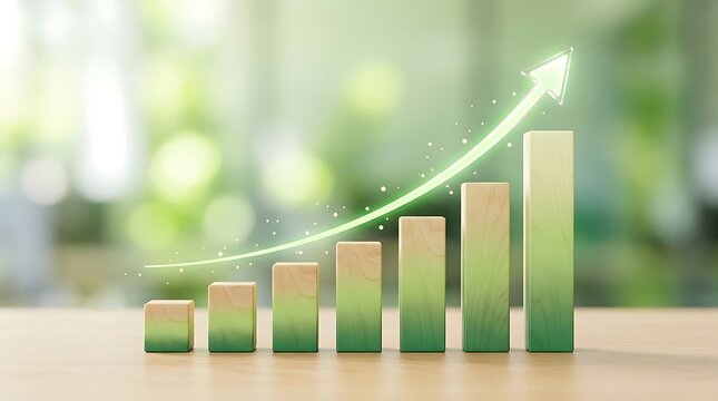Wooden blocks arranged in a bar graph ascending with a glowing green arrow indicating positive growth and success in a natural blurred background.