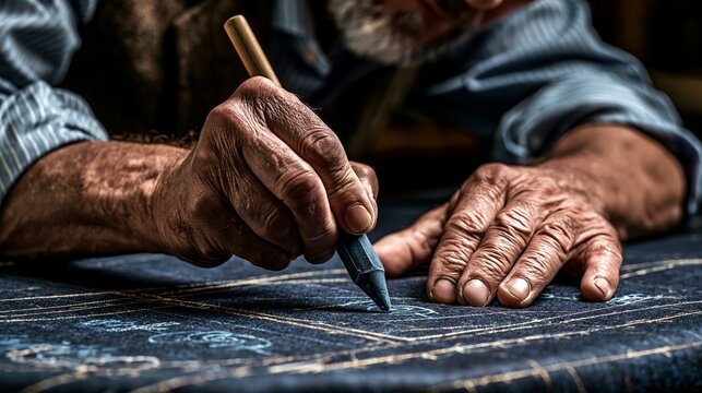 Skilled artisan tailor uses a piece of blue chalk to carefully mark intricate patterns onto dark fabric for bespoke clothing