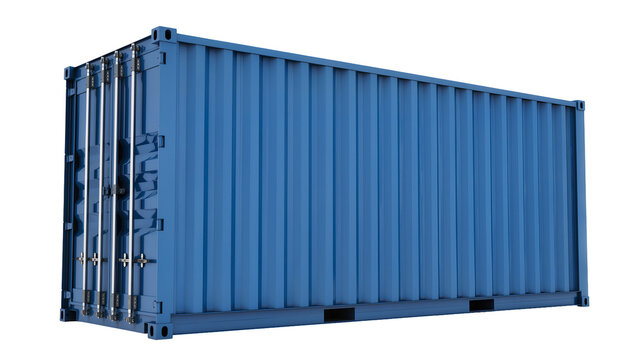 Blue corrugated metal shipping container with silver latches