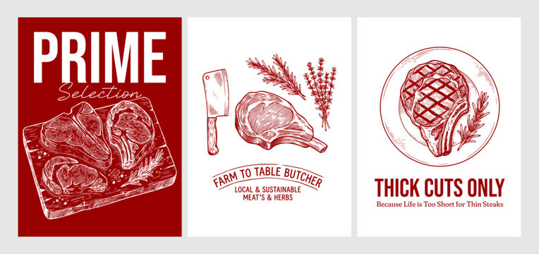 Vintage Butcher Shop and Organic Meat Collection Showcasing Fresh Cuts Tools Diagrams and Gastronomy Posters Hand Drawn Rough Sketch Vector Illustration