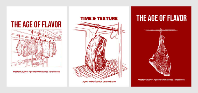 Vintage Butcher Shop and Organic Meat Collection Showcasing Fresh Cuts Tools Diagrams and Gastronomy Posters Hand Drawn Rough Sketch Vector Illustration