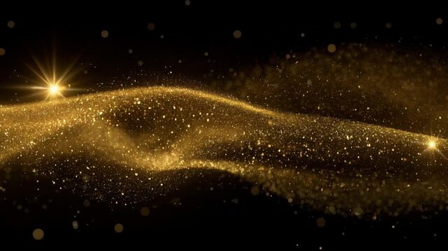 Abstract golden wave flow with glowing particles and sparkling light effects creating a dynamic luxury background for celebration and festive design