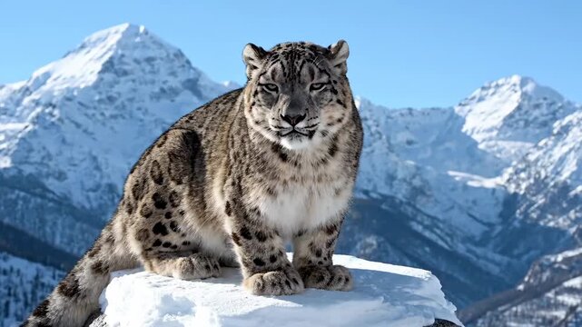 Snow leopard crouching on a snow-capped mountain, snow leopard on the top of a snow-capped mountain