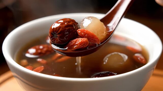 Healthy red date and wolfberry soup in a bowl, sweet red date and longan wolfberry soup