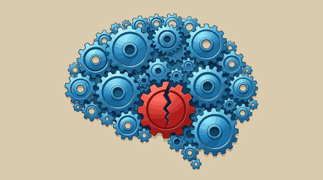 Mental Health Concept featuring a human brain silhouette composed of blue mechanical gears with a single broken red cog in the middle ideal for psychology articles and burnout awareness.