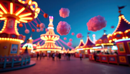 Fototapeta premium Colorful carnival scene with illuminated rides and cotton candy clouds against a twilight sky, featuring vibrant lights and festive decorations in an amusement park setting