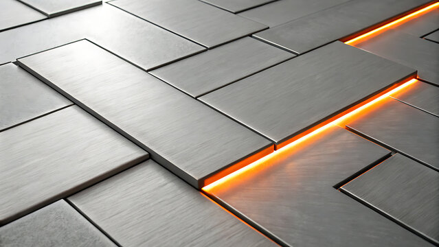 Closeup of modern metallic tiles with orange led lighting strips