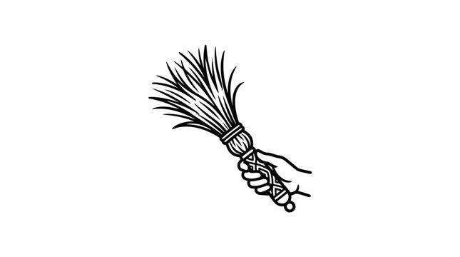 A hand drawn illustration of a hand holding a traditional ritual whisk or aspergillum.