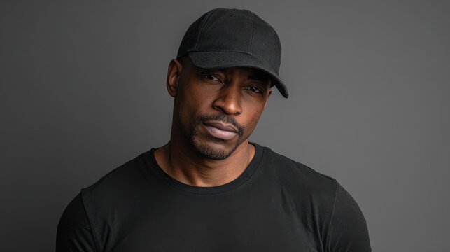 Minimalist fashion mockup: man in black shirt and black cap with blank logo space for branding