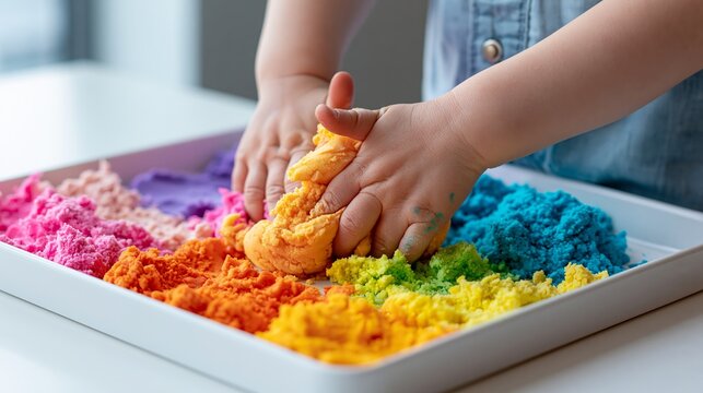 Small child hands play with vibrant kinetic sand creating colorful shapes on a white plastic tray in a bright room