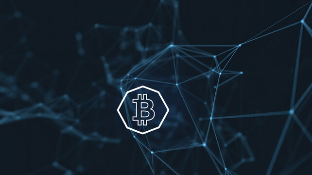 White bitcoin logo in geometric frame over blue network background structure.