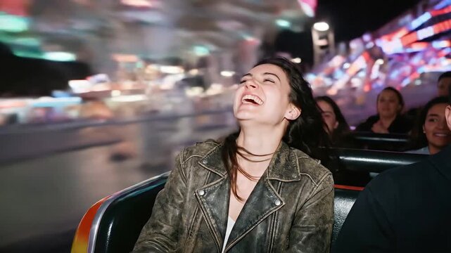 Caucasian woman pleasure seeker laughing on roller coaster at night amusement park. Dopamine lifestyle and thirst for entertainment
