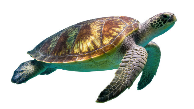 Green sea turtle swimming with detailed shell and flippers