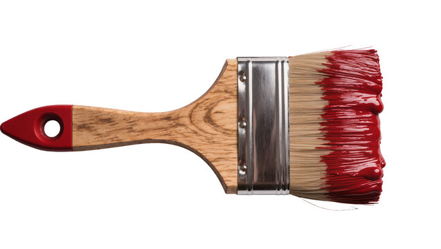 Wooden handled paintbrush with red paint dripping from bristles, isolated on transparent background