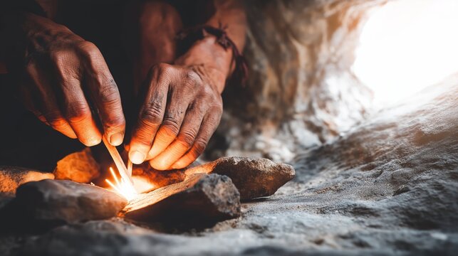 Hands striking stones, creating a burst of sparks. Primitive person igniting a fire in a dark cave environment