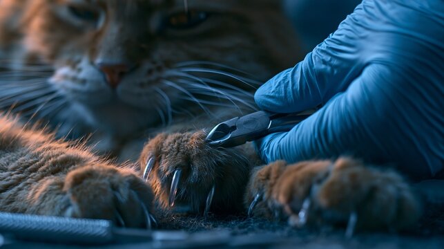 Professional veterinarian carefully trimming the sharp claws of a calm ginger cat using metal clippers in a dimly lit clinic