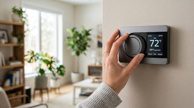 Hand adjusting programmable thermostat temperature in modern living room with plants and natural light. Setting comfortable temperature for cozy atmosphere enhances daily living.
