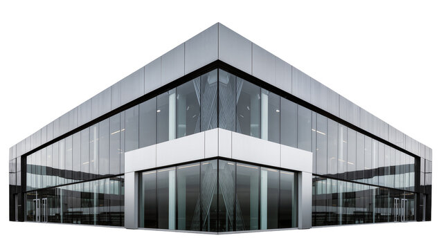 Modern glass and metal office building with geometric facade, isolated on transparent background