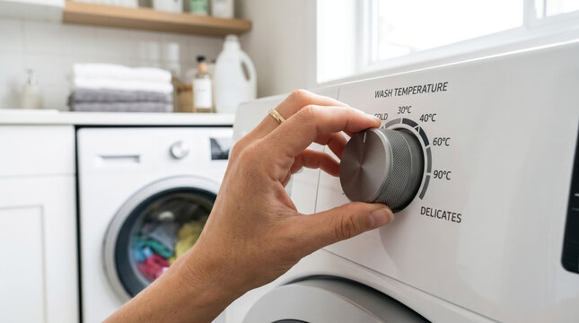 Setting washing machine temperature control with hand adjusting dial. Adjusting washing machine settings includes selecting temperature for optimal cleaning results.