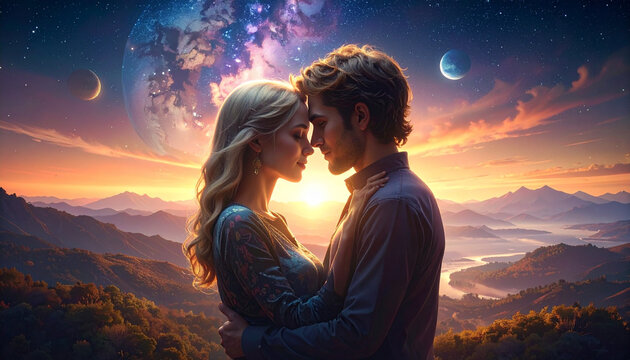 Couple embracing romantic sunset
