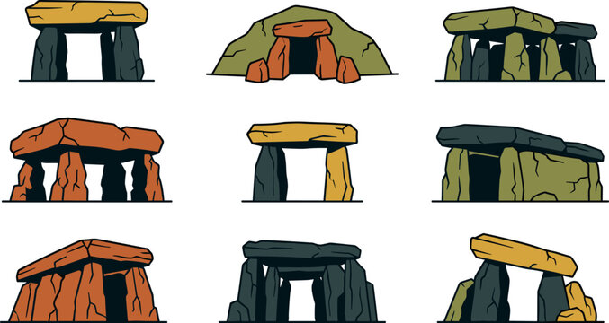 Prehistoric Dolmen and Megalithic Stone Monument Vector Icon Set Featuring Ancient Burial Chambers Ritual Structures and Pagan Ruins for Game Assets