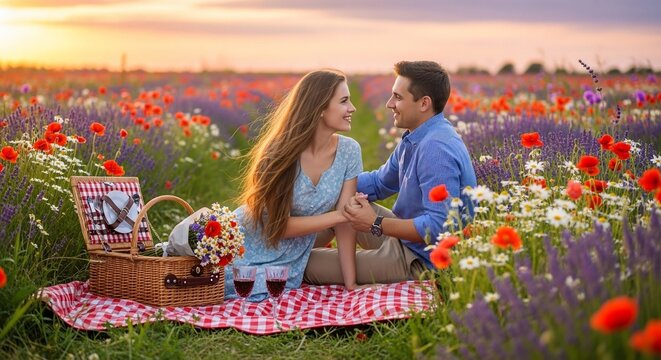 Couple enjoying picnic field flowers