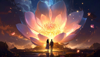 Couple illuminated by giant lotus