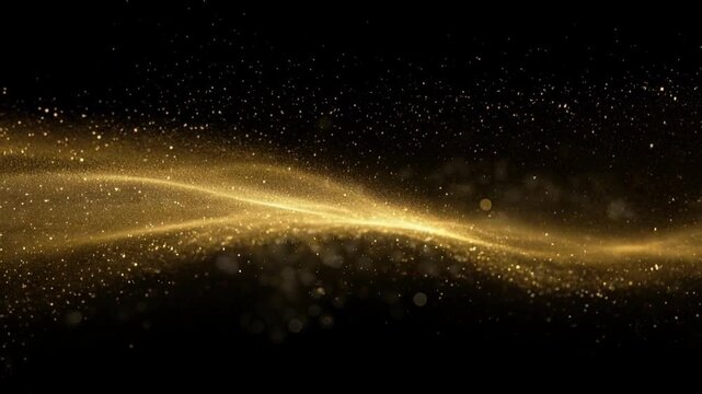 Abstract golden wave flow with sparkling particles glowing on dark background, elegant shimmering curve shape glowing design in luxury style