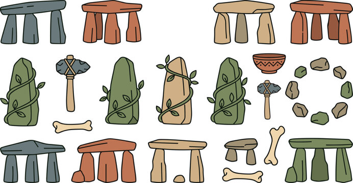 Prehistoric Megalithic Stone Monument Vector Icon Set Featuring Dolmens Menhirs with Ivy Stone Axe Weapons Bones and Ancient Ritual Circles