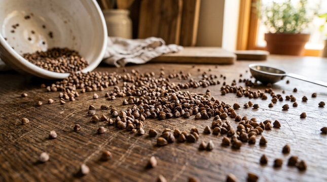 Spilled kasha grain piles across wooden table with white bowl turned upside down. Kasha grains scattered around, creating a rustic kitchen atmosphere. Concept of daily life and cooking experiences.