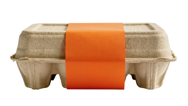 Cardboard egg carton with orange paper band, isolated on transparent background