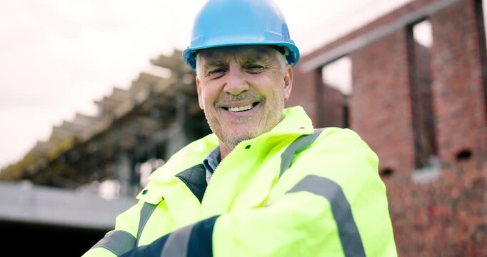 Face, architect and happy man at construction site with confidence, development or protection hard hat. Smile, engineering inspector and mature person with arms crossed, safety helmet and portrait