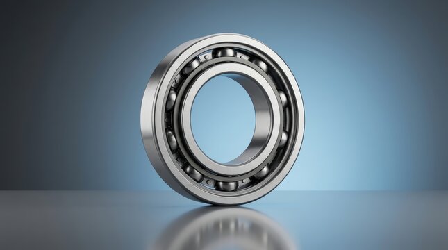Industrial open bearing unit 3D render, precision rolling element bearing, exposed raceway assembly, high speed rotational support component