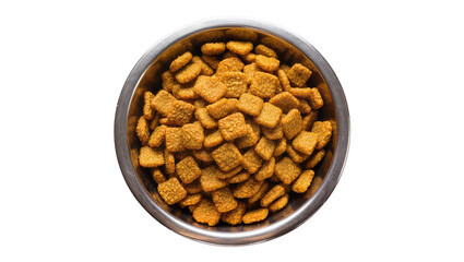 Metal bowl filled with dry pet food kibble © Emma