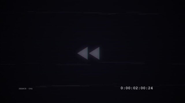 Abstract rewind symbol with digital glitch effects on dark background