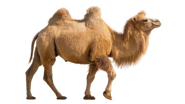 Dromedary camel with one hump tan fur, walking profile view